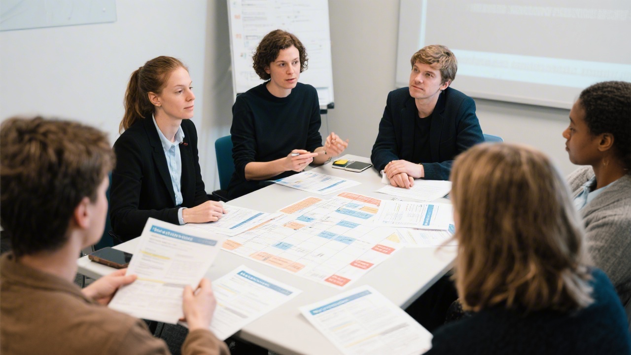 Small group training session with facilitators guiding participants through a marketing framework exercise, featuring printed worksheets and structured discussion.