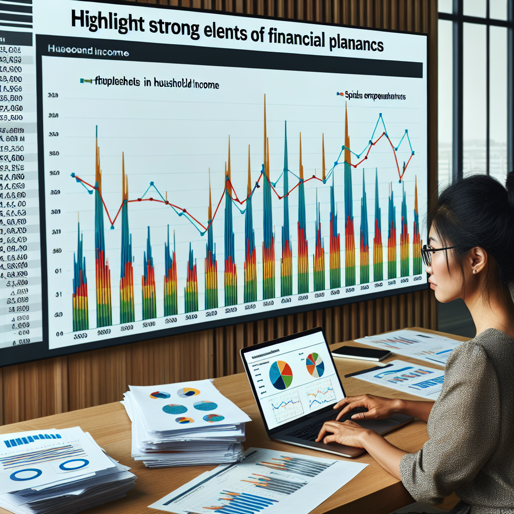Financial consultant analysing trend charts that highlight household income volatility, expenditure peaks, and actionable recommendations for Ghanaian communities seeking resilient financial planning frameworks.
