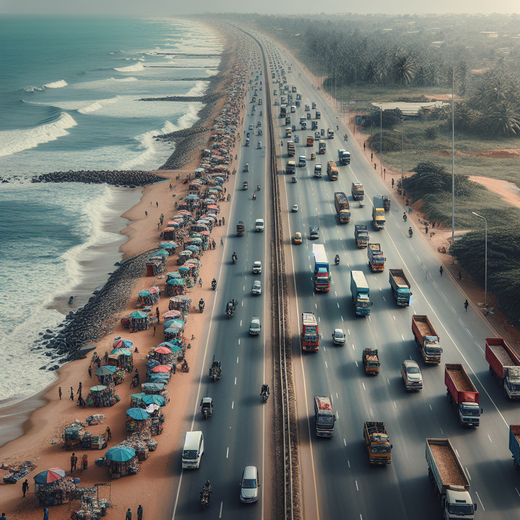 Long stretch of coastal highway near Sekondi with transport vehicles and roadside vendors illustrating the interconnected economic activities influencing household and business planning choices.