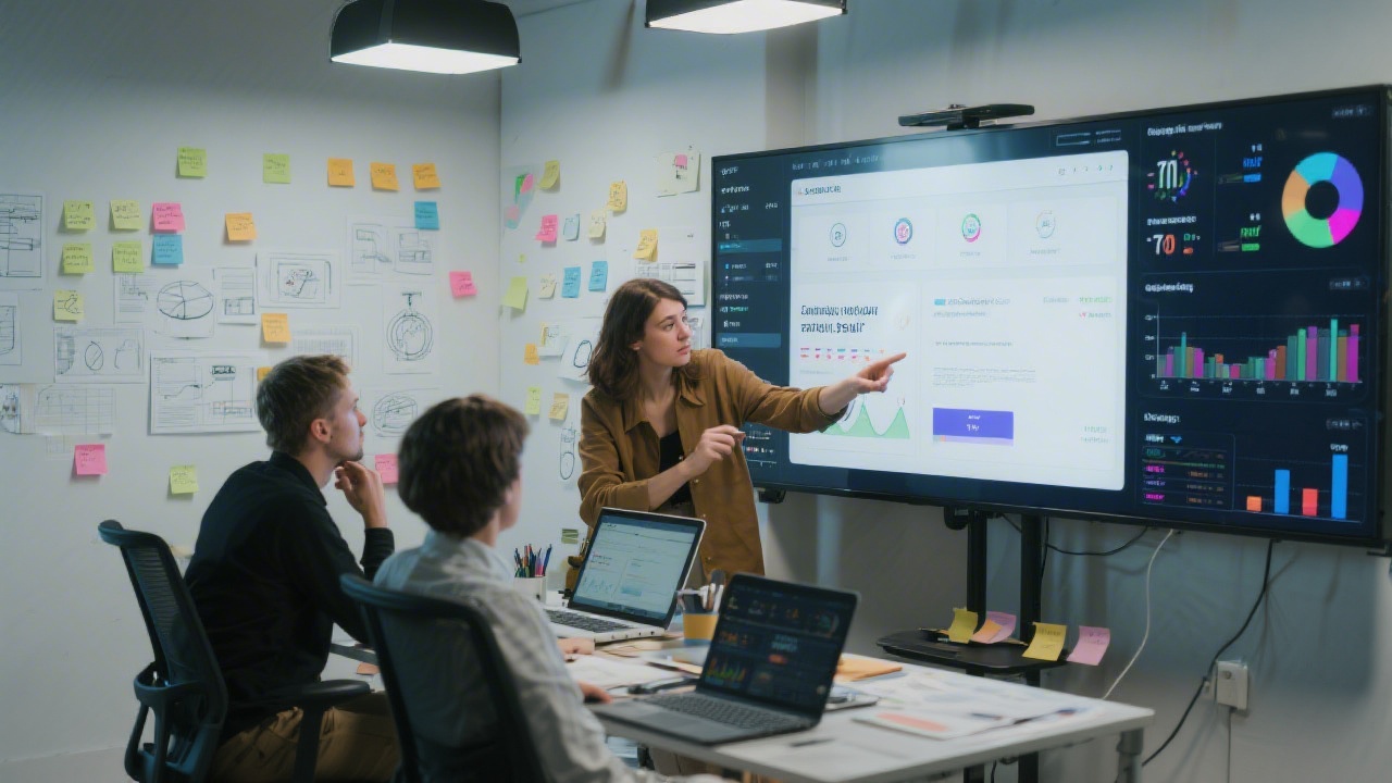 Creative professionals reviewing digital campaign drafts on large screens in a modern studio with notes, wireframes, and analytics dashboards visible across the workspace.