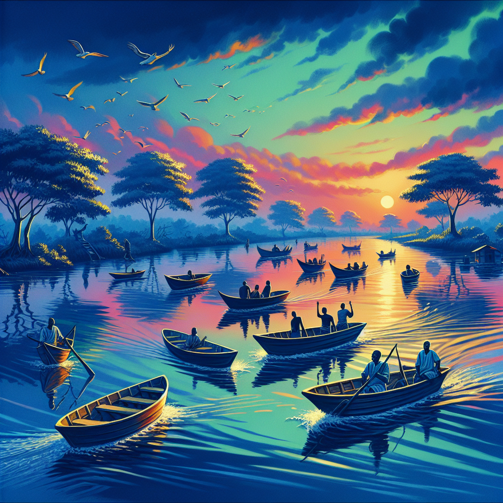 Evening view across a calm Ghanaian lagoon where fishing boats return, representing reflective financial planning moments and the balance between immediate needs and measured future investments for local families.