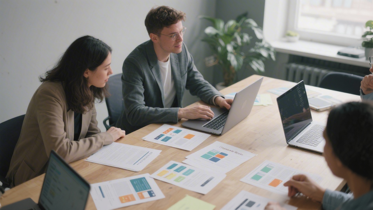 Design and marketing strategists collaborating around a table with laptops, printed creative briefs, and interface mockups arranged for a planning session.