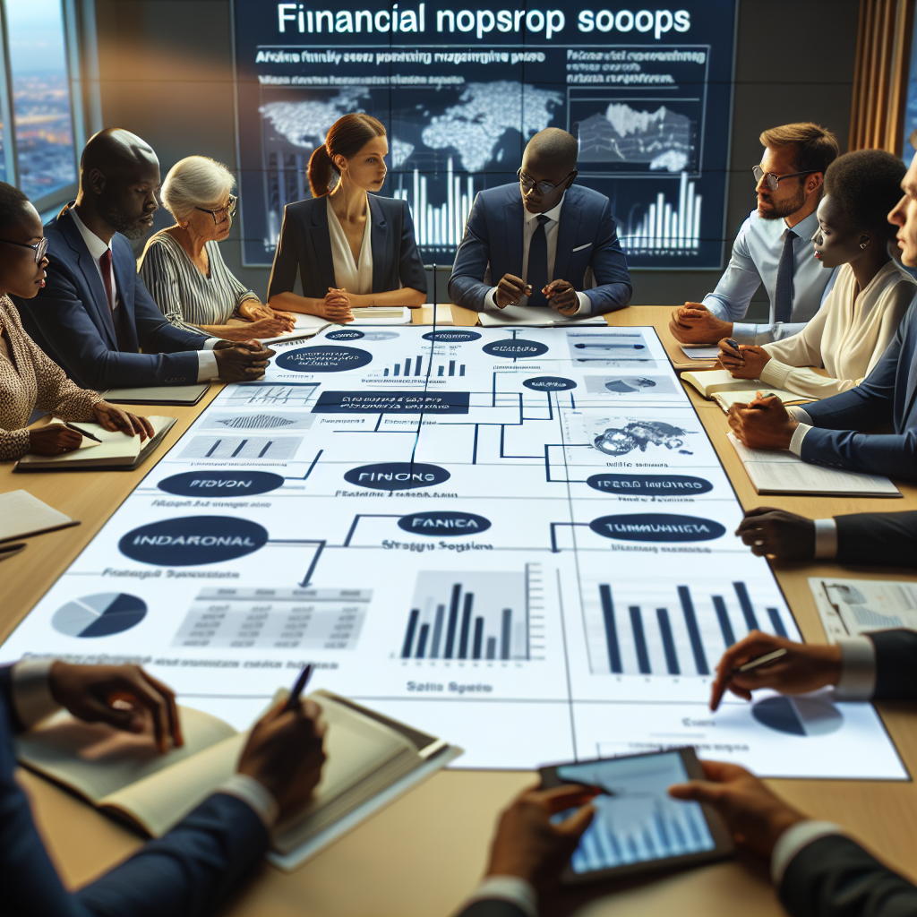Advisory session with Ghanaian professionals reviewing financial roadmaps displayed on a wide screen while aligning personal goals and community obligations through collaborative dialogue.